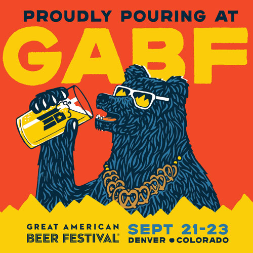 Betty the blue bear drinking a beer with the text "GABF" in the background