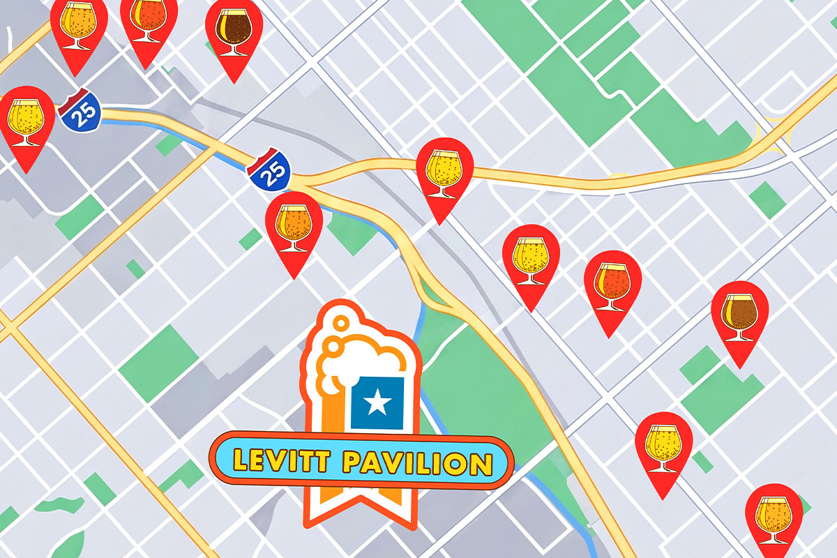 A map of Denver with pins marking nearby breweries