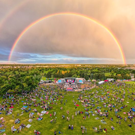 An aerial photo of Levitt Pavilion with a rainbow